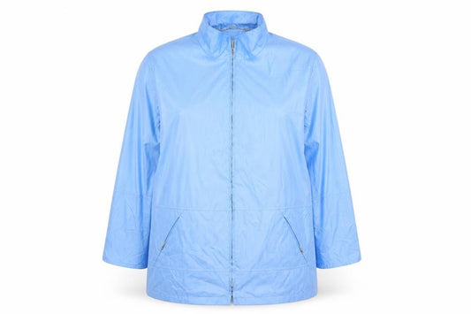 Front view of DELMOD women’s blue rain coat jacket, size UK 16