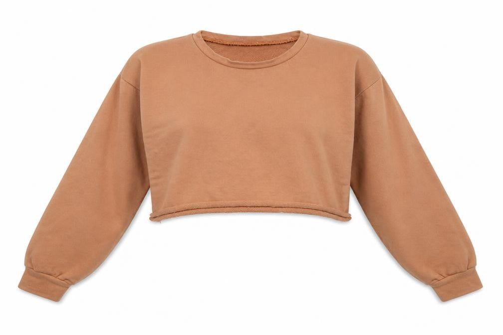 Front view of PRETTYLITTLETHING women’s beige pullover sweatshirt, size UK 8, - cropped