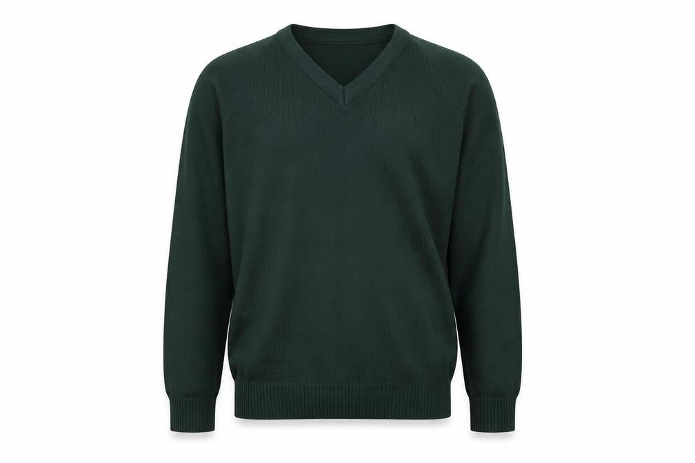 Front view of Michael Sehgal men’s green jumper, size S