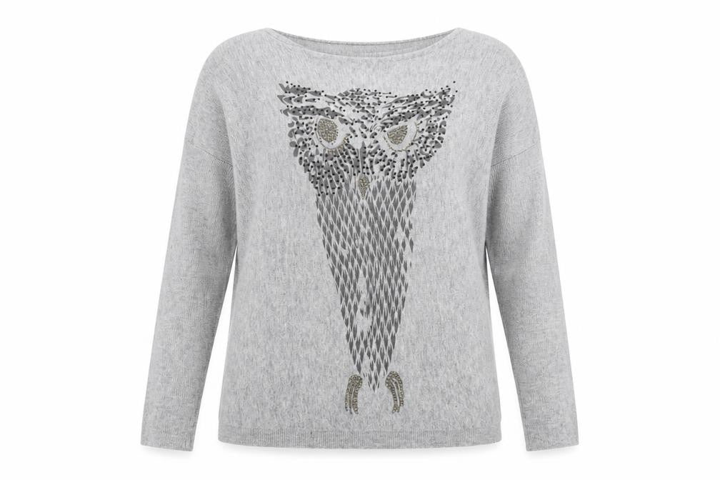 Front view of QED London women’s grey jumper, size S, - sequined owl