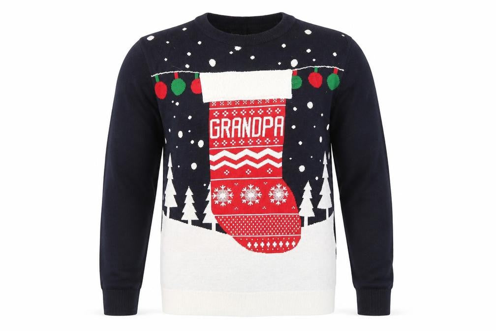 Front view of Next men’s blue jumper, size S, - grandpa christmas