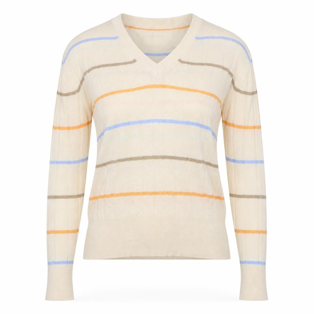Front view of Marks & Spencer women’s beige striped jumper, size S