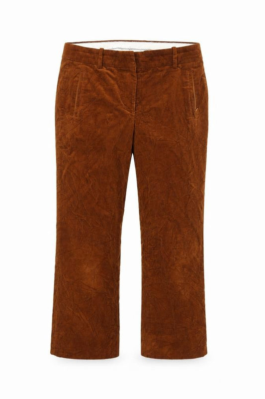 Front view of women’s brown corduroy cropped jeans, size UK 32, 23-inch leg