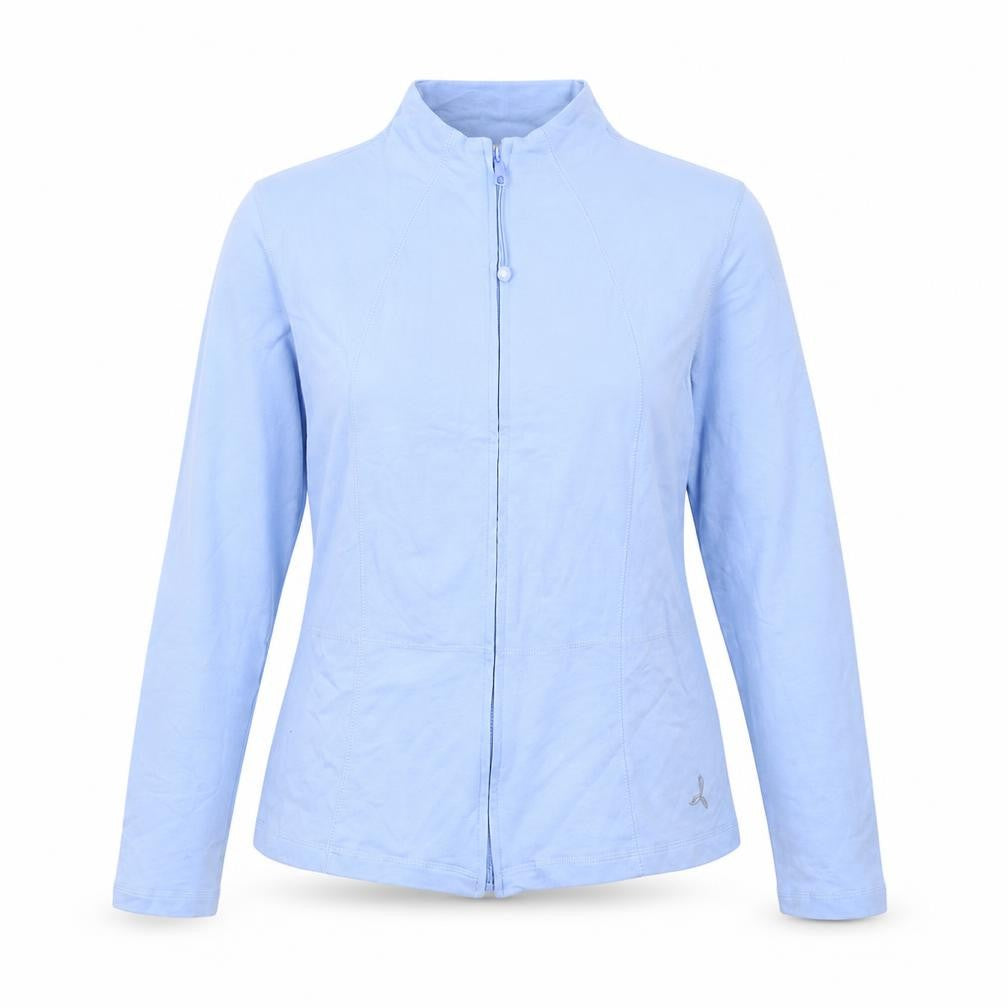 Front view of one body women’s blue full zip jumper, size UK 16