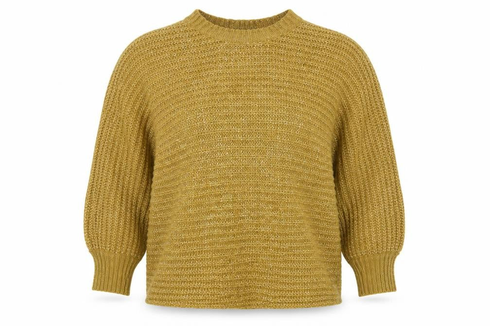 Front view of Per Una women’s yellow henley jumper, size UK 14