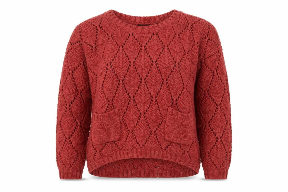 Front view of River Island women’s red jumper, size UK 12