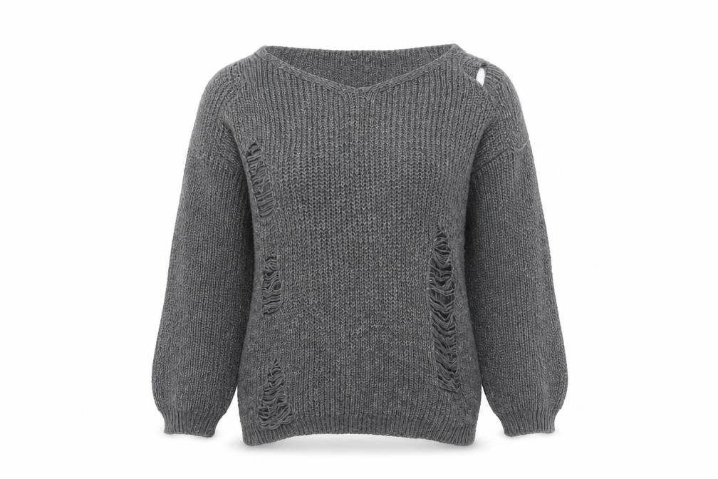 CAMEO ROSE Womens Grey   Henley Jumper Size M  - Distressed