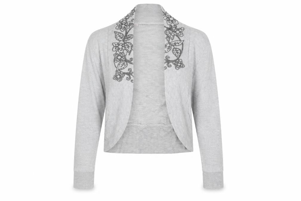 Front view of Tease women’s grey cardigan jumper, size UK 18