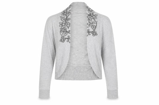 Front view of Tease women’s grey cardigan jumper, size UK 18