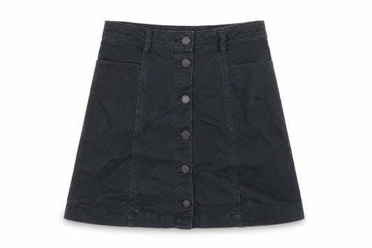 Front view of Divided by H&M women’s black denim a-line skirt, size UK 4