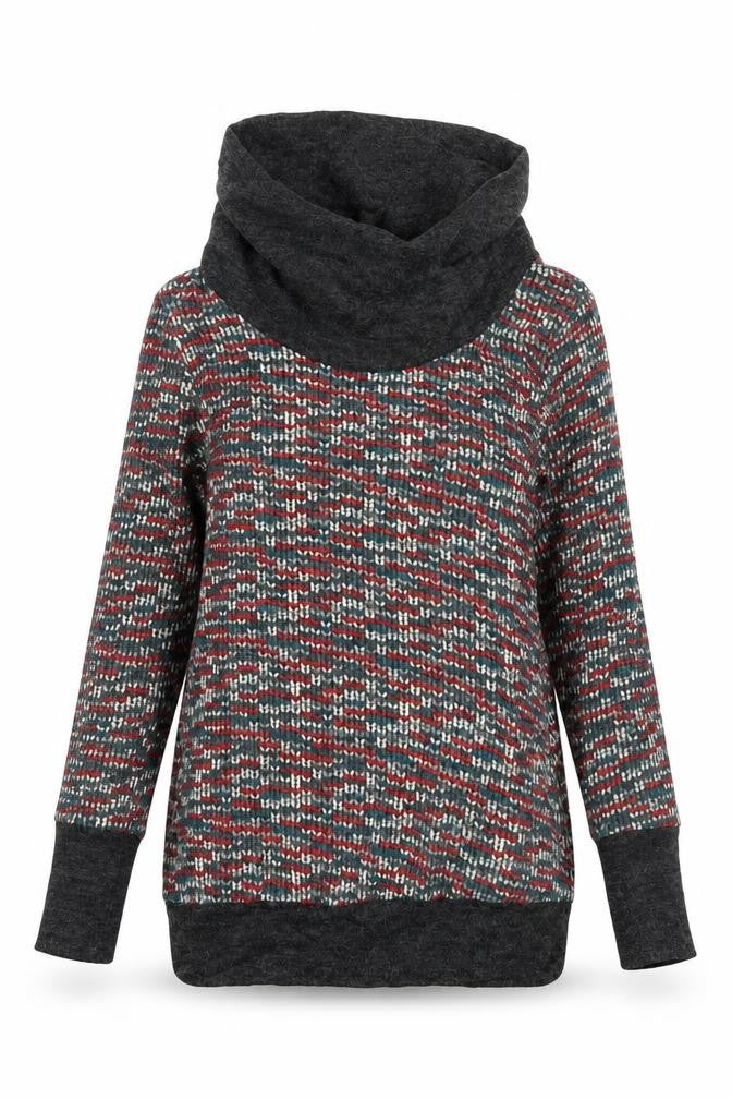 Front view of urban angel women’s red geometric jumper, size UK 8, - turtle neck