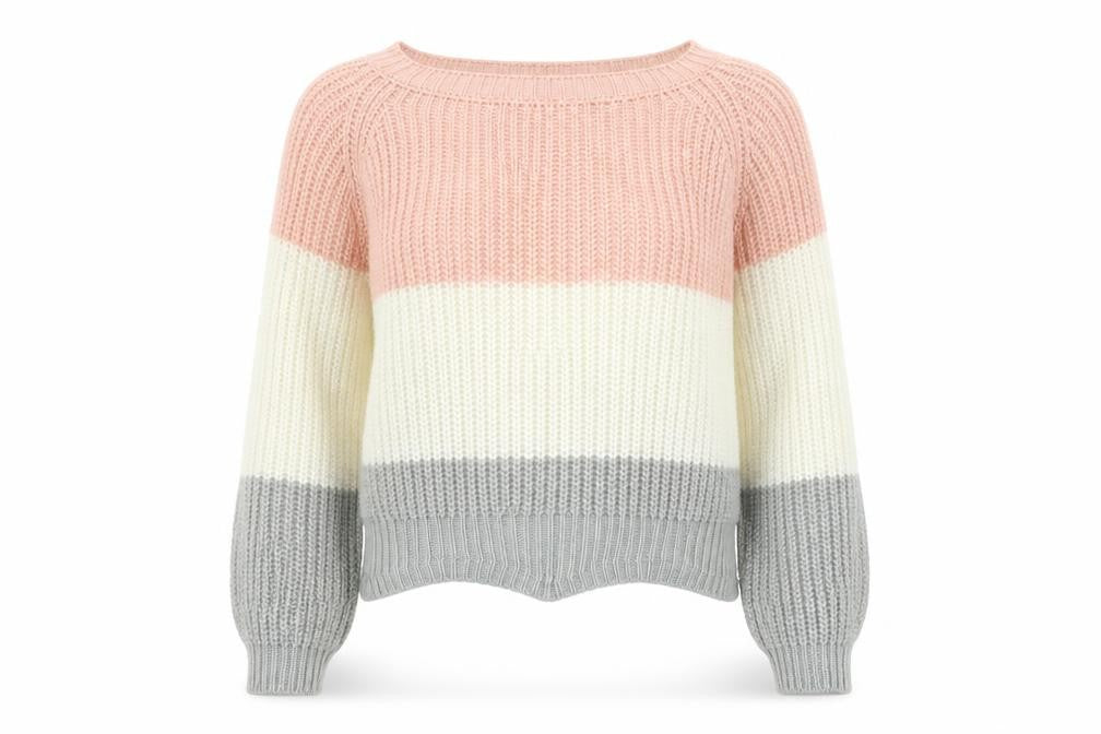 Front view of Cameo Rose women’s pink striped jumper, size M