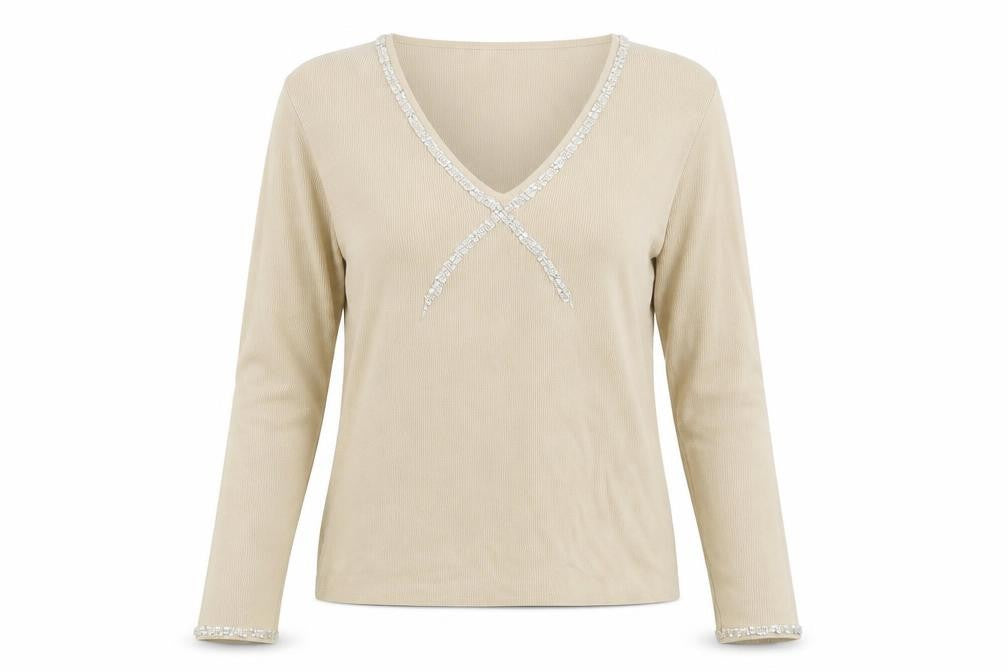 Front view of miss papillon women’s beige striped knit jumper, size L