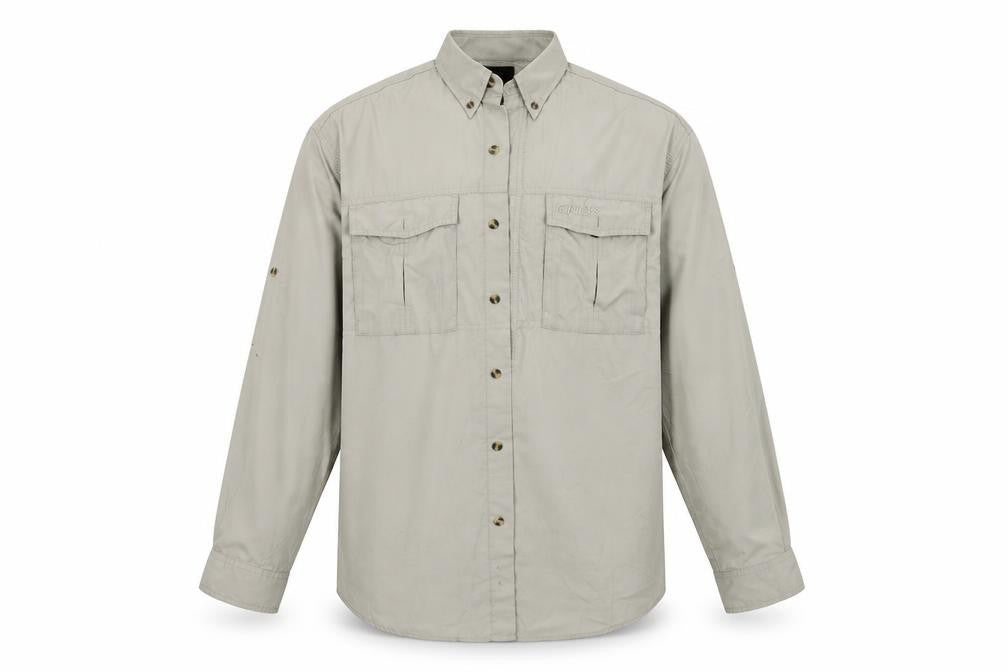 Front view of Greys men’s beige button-up, size M