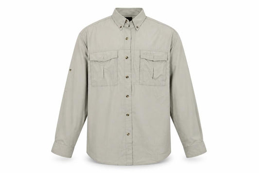 Front view of Greys men’s beige button-up, size M