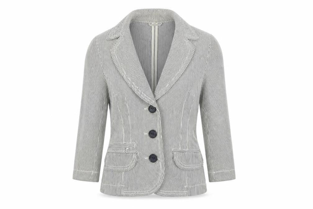 Front view of Moto women’s blue striped jacket, size UK 8