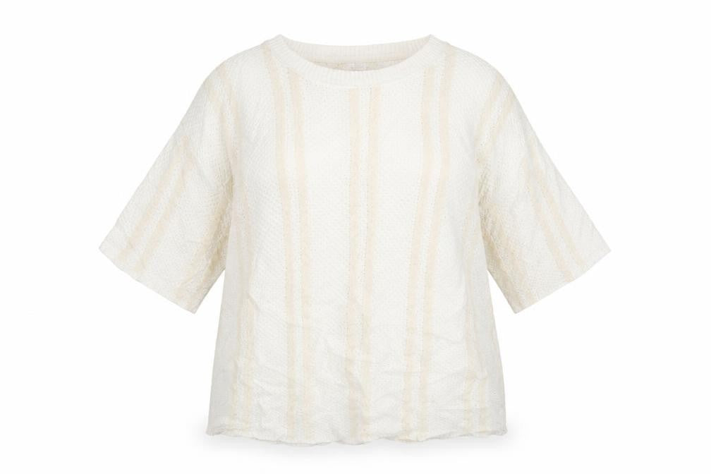 Front view of Marks & Spencer women’s ivory striped jumper, size UK 16