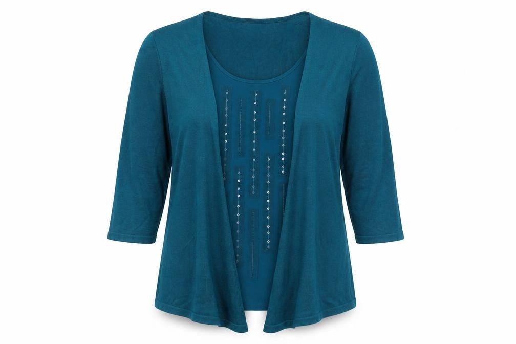 Front view of Per Una women’s green knit jumper, size UK 14