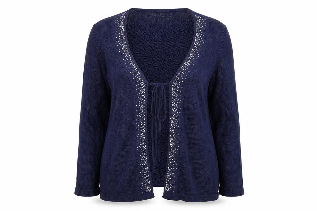 Front view of Classics women’s blue cardigan jumper, size M