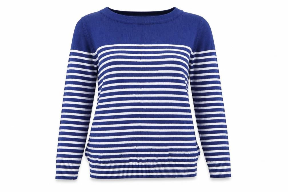 Front view of Joseph A women’s blue striped jumper, size L