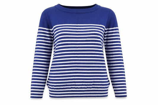 Front view of Joseph A women’s blue striped jumper, size L