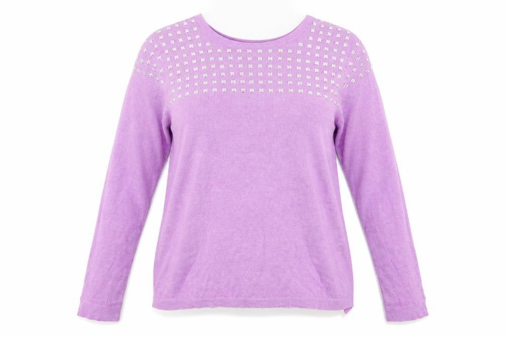 Front view of Be Beau women’s purple jumper, size UK 18, - open back