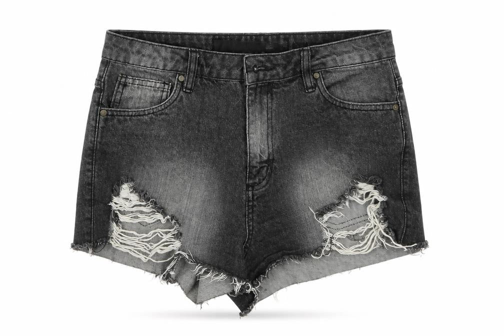 Front view of FACTORIE women’s black cut-off shorts, size UK 10