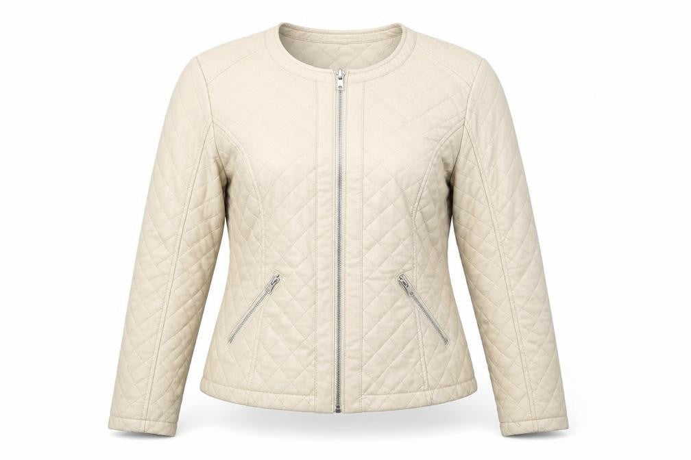 Front view of Internationale women’s beige jacket coat, size UK 12