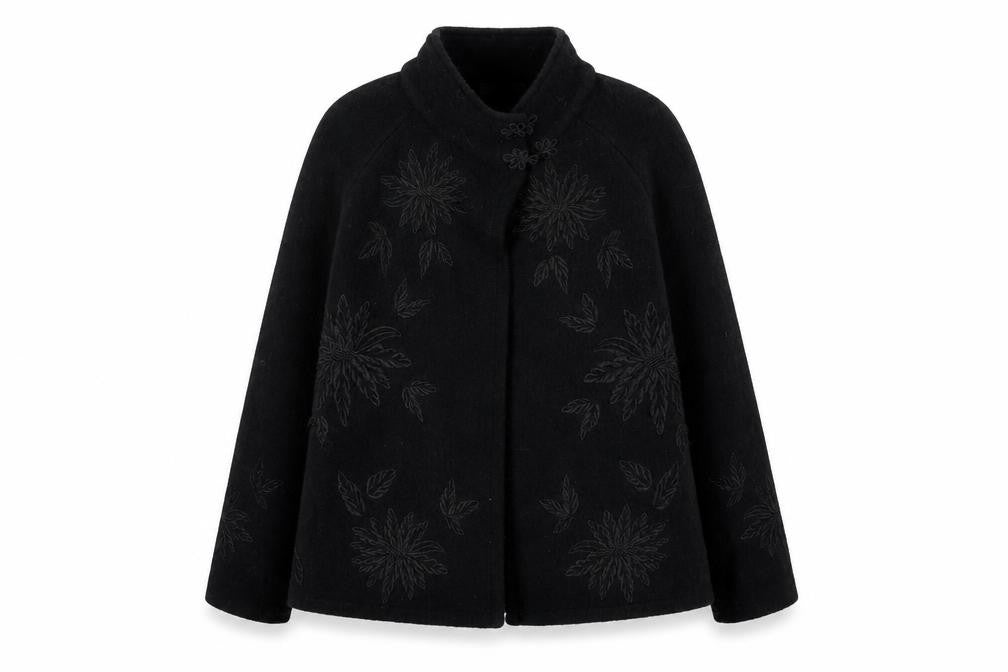 Front view of Kenar women’s black overcoat coat, size S