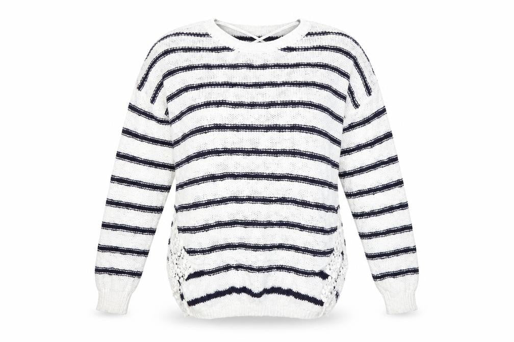 Front view of New Look women’s white striped knit jumper, size UK 10
