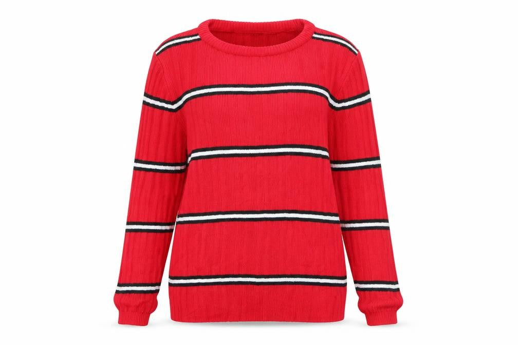 Front view of Primark women’s red striped knit jumper, size UK 12