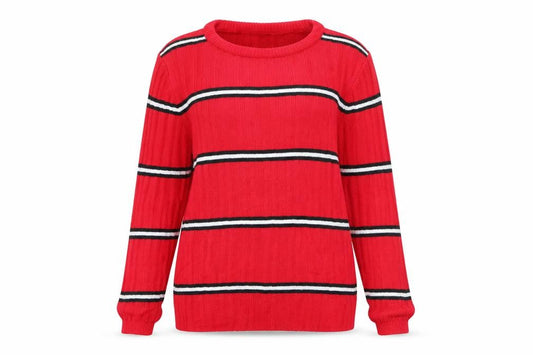 Front view of Primark women’s red striped knit jumper, size UK 12