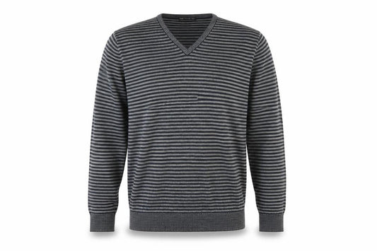 Front view of Marks & Spencer men’s grey striped knit jumper, size L