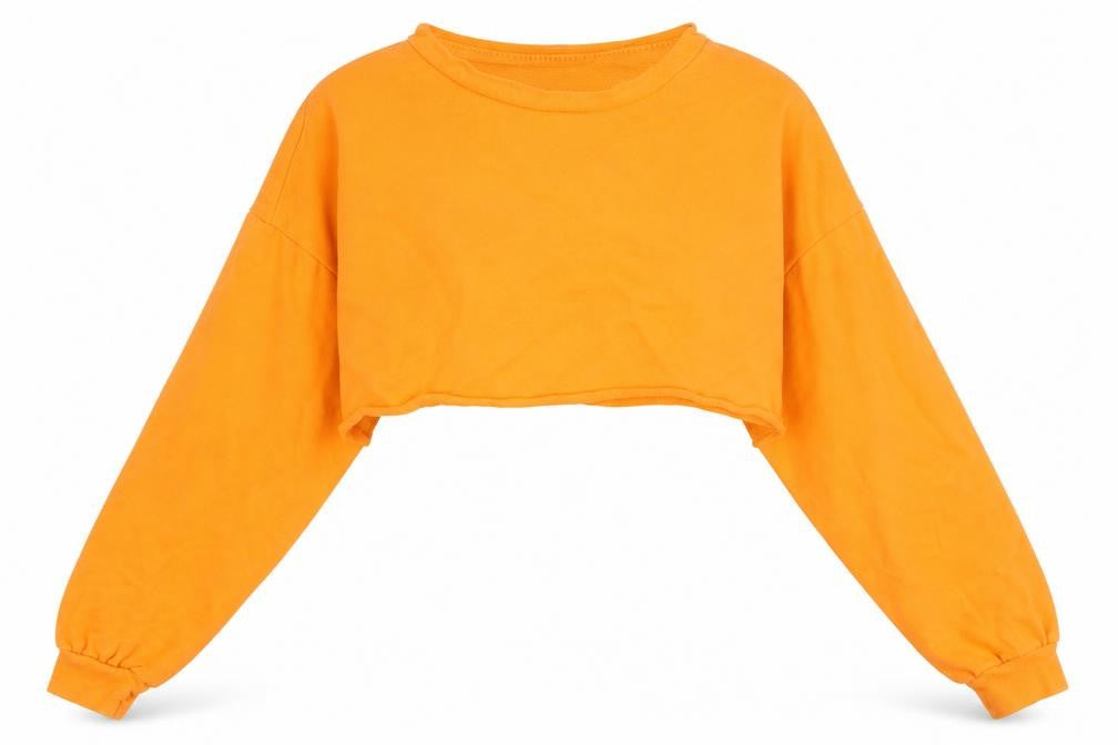 Front view of PRETTYLITTLETHING women’s orange jersey pullover sweatshirt, size UK 6, - cropped