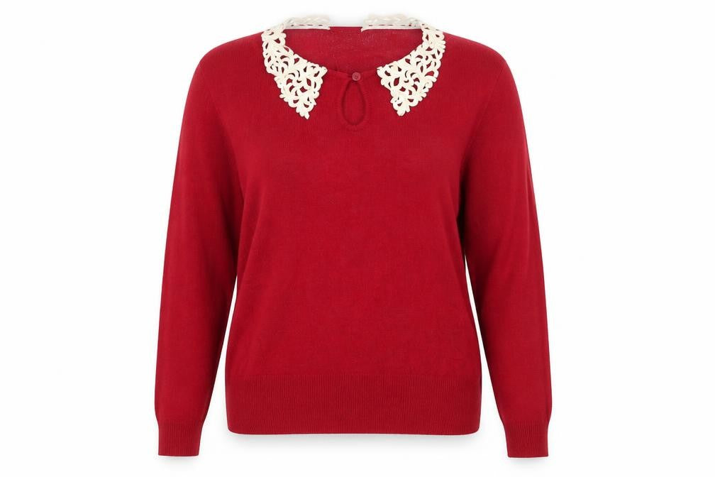 Front view of Preworn women’s red knit jumper, size L