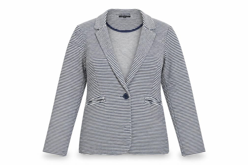 Front view of New Look women’s blue striped jacket, size UK 12