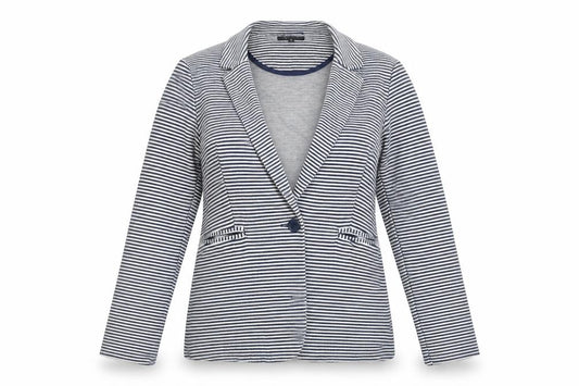 Front view of New Look women’s blue striped jacket, size UK 12