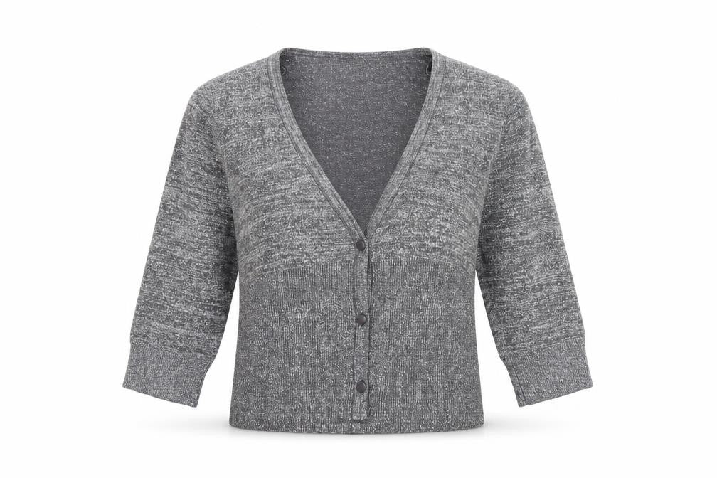 Front view of MK women’s silver cardigan jumper, size UK 14