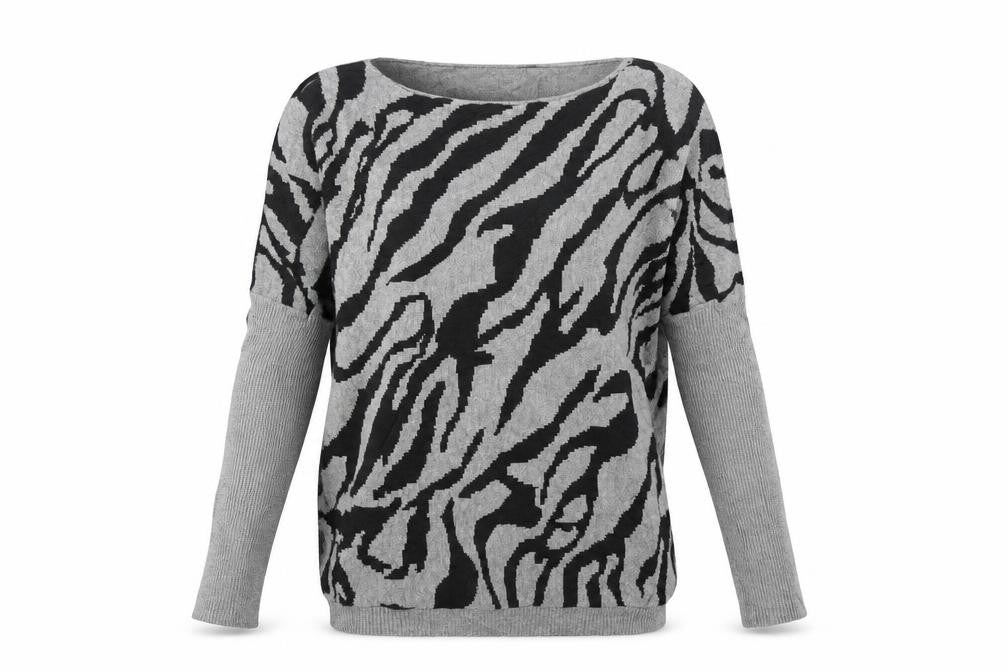 Front view of Linea women’s grey animal print jumper, size S