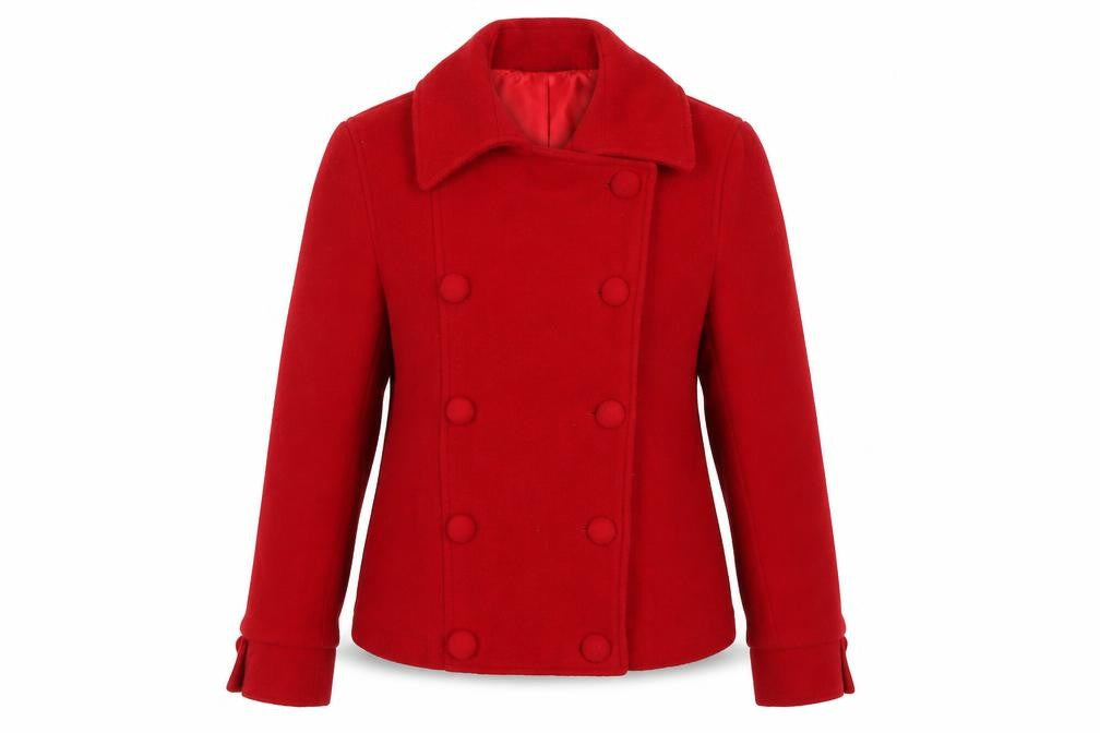 Front view of Select women’s red pea coat coat, size UK 12