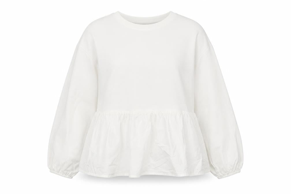 Front view of Primark women’s white pullover sweatshirt, size UK 10, - peplum