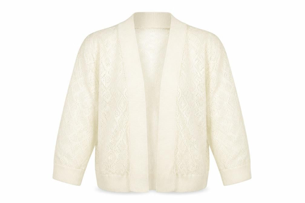 Front view of Ronni Nicole women’s white cardigan jumper, size M