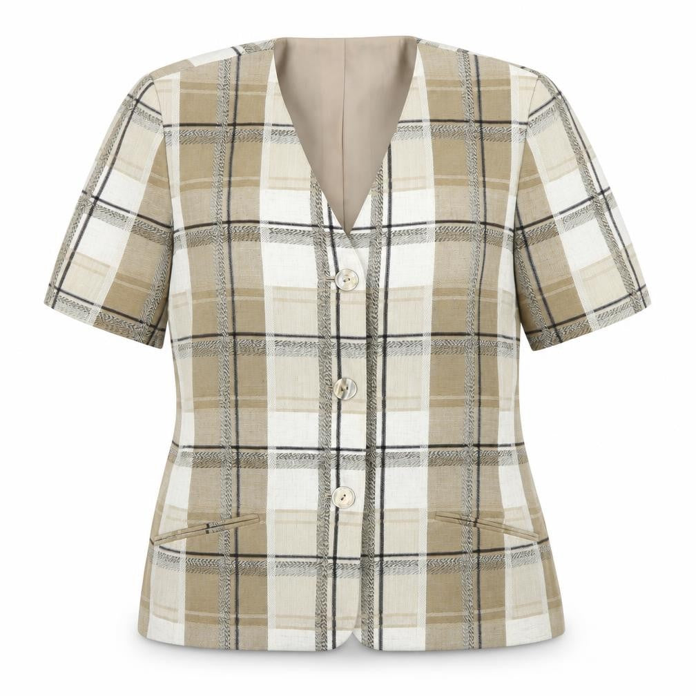 Front view of Marks & Spencer women’s beige plaid jacket blazer, size UK 12