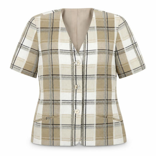 Front view of Marks & Spencer women’s beige plaid jacket blazer, size UK 12