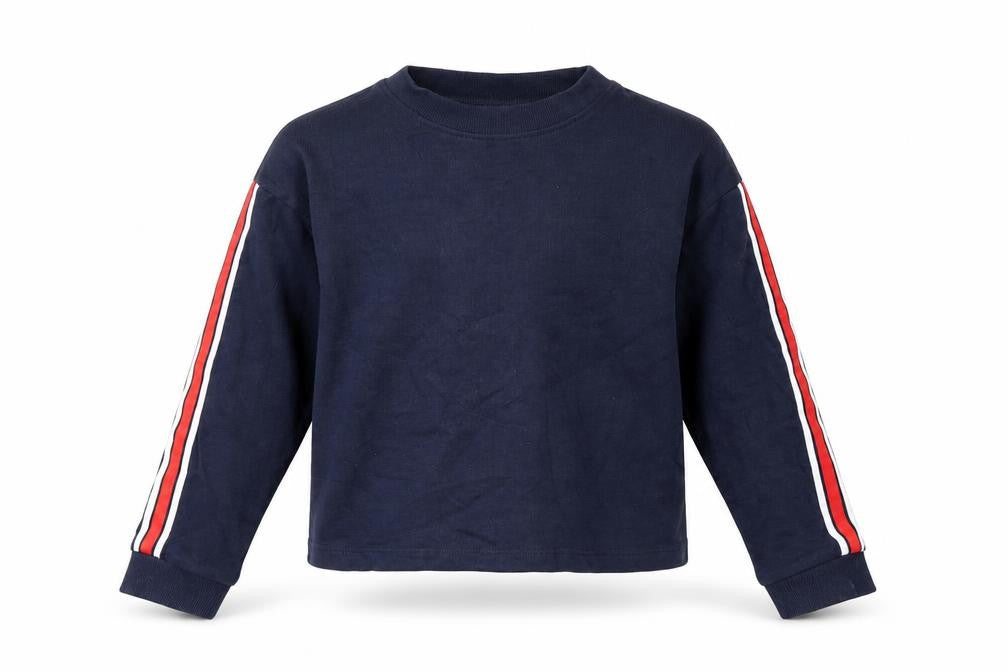 Front view of H&M girls’ blue pullover sweatshirt, size 10-11, years - stripe on sleeves