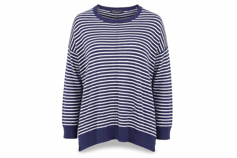 Front view of Marks & Spencer women’s blue striped jumper, size UK 12