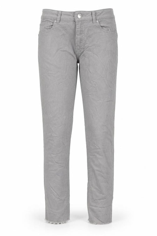 Front view of Bikbok women’s grey denim capri jeans, size S, 28-inch leg