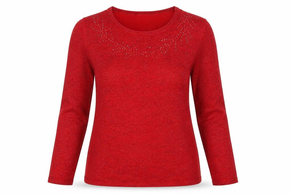 Front view of Preworn women’s red jumper, size S, - beaded neckline