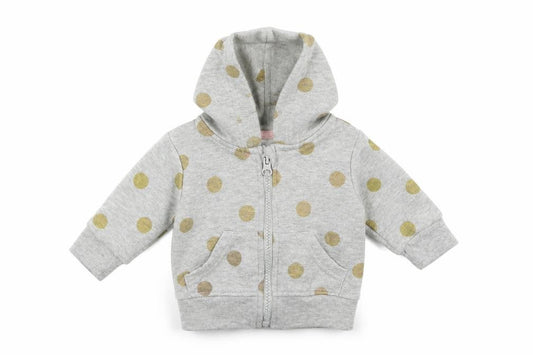 Front view of Primark girls’ grey polka dot jersey jacket, size 0-3, months