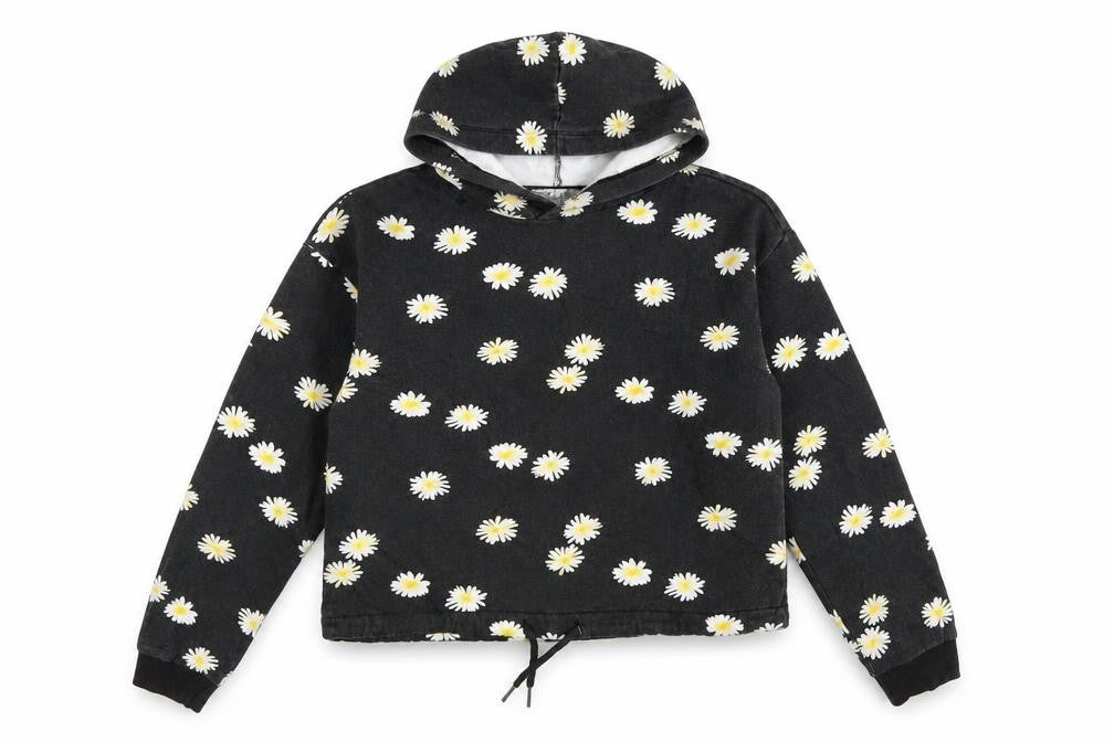 Front view of H&M girls’ grey floral pullover hoodie, size 12-13, years